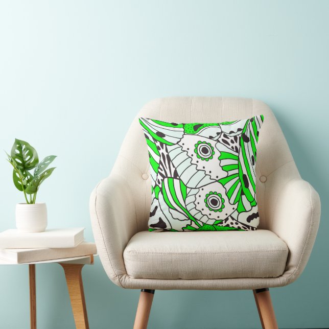 Coussin Aile de papillon noir blanc vert abstrait (Chaise)