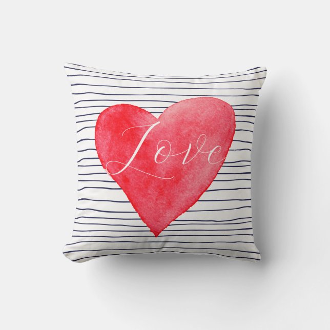 Coussin Aimer Rouge Aquarelle Coeur et rayures Valentine (Recto)