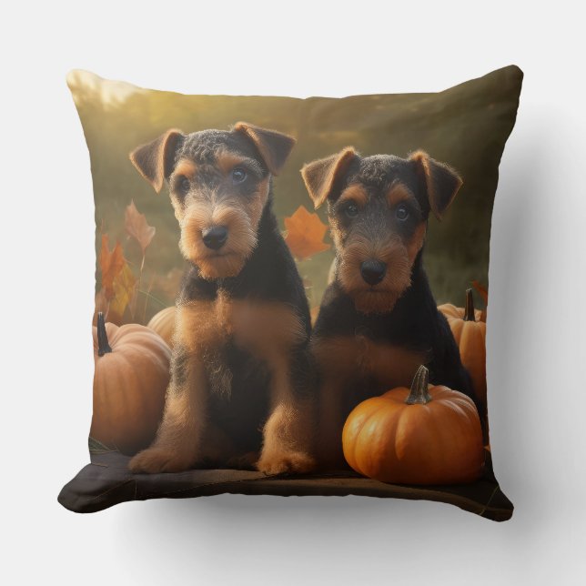 Coussin Airedale Chiot Automne Citrouille délice (Recto)