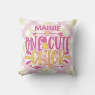 Coussin AJOUT PERSONNALISÉ NOM Un mignon Chick Rose Jaune