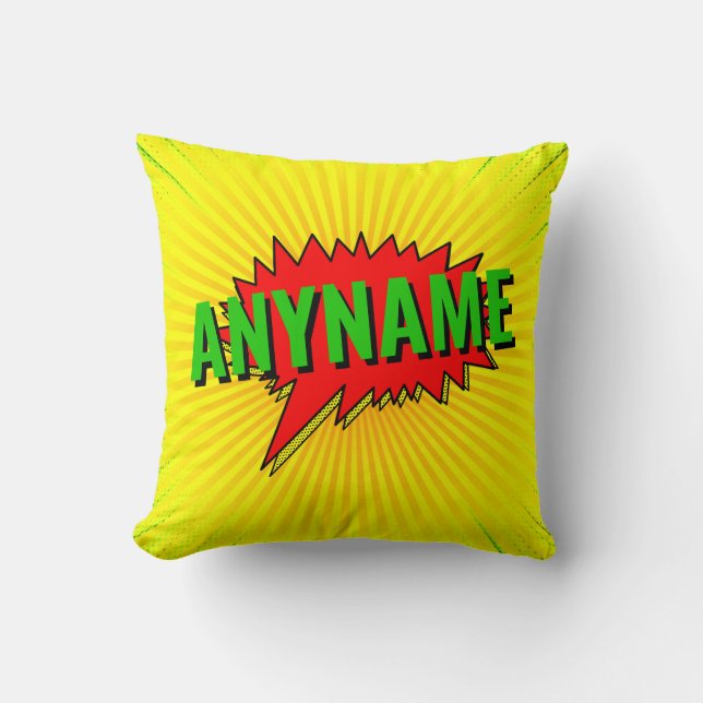 Coussin Ajouter un nom Comique Style de livre Texte Jaune  (Recto)