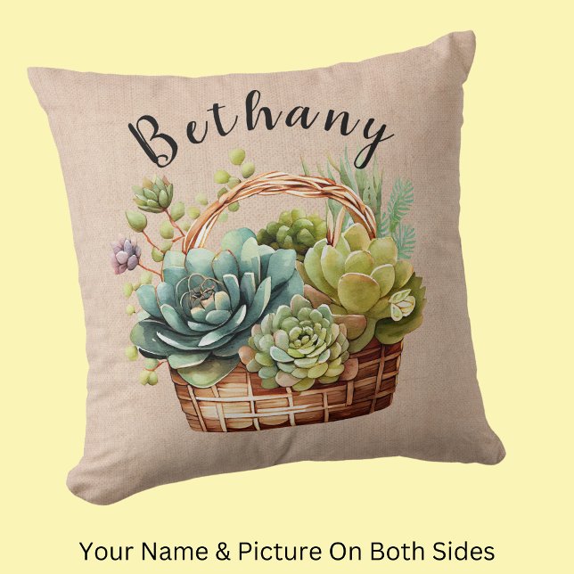 Coussin Ajouter un nom ou un texte, Paniers de Plantes suc (Créateur téléchargé)