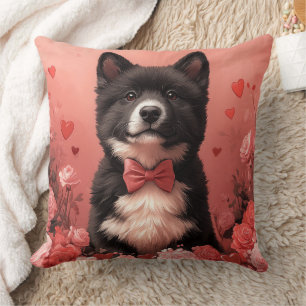 Coussin Akita américain avec des roses - Saint-Valentin