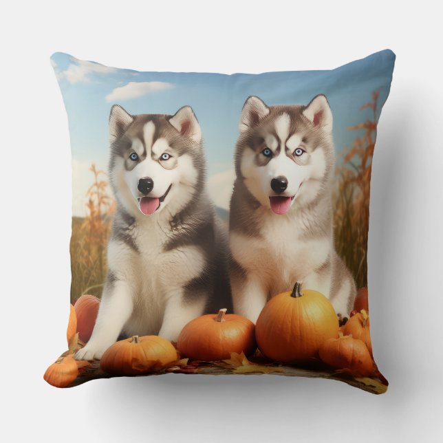Coussin Alaskan Malamute Chiot Automne Citrouille délice (Recto)
