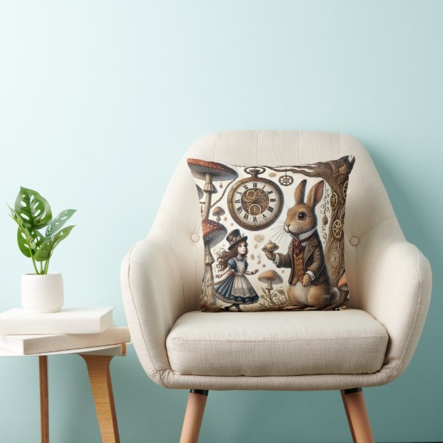 Coussin Alice au pays des merveilles Thé Art lapin blanc (Chaise)