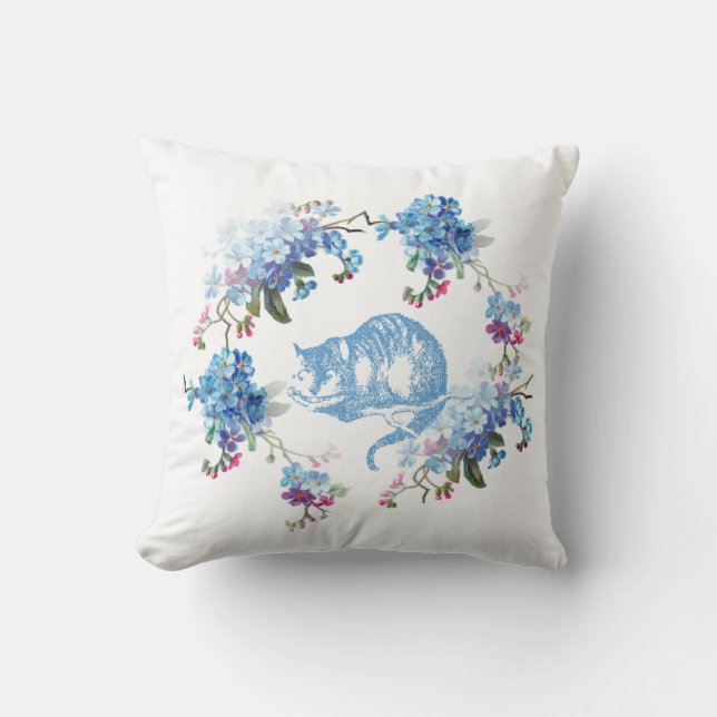Coussin Alice dans floral bleu de chat de Cheshire du pays (Recto)