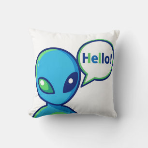 Coussin Alien bleu mignon disant bonjour