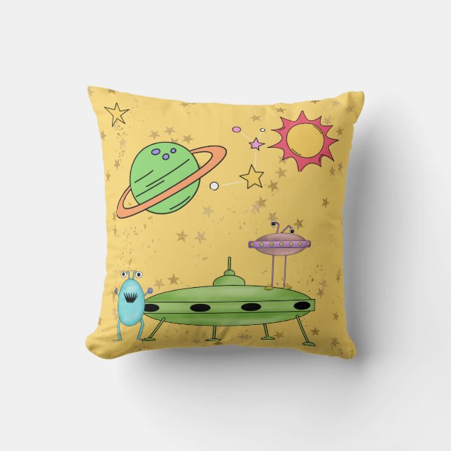 Coussin Aliens du monde cosmique et OVNI Jaune (Recto)