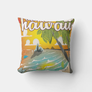 Coussin Aloha ! Hawaï ! affiche de voyage vintage dessin a