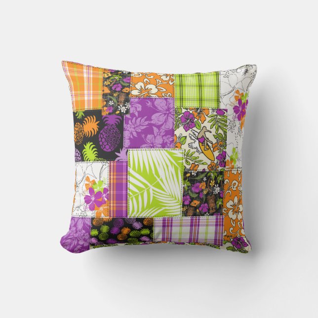 Coussin Aloha Patchwork Hawaiian Tropical Prints - Violet (Recto)