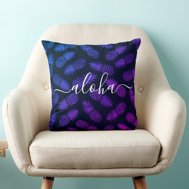 Coussin Aloha Script Purple Blue Motif Hawaii (Créateur téléchargé)