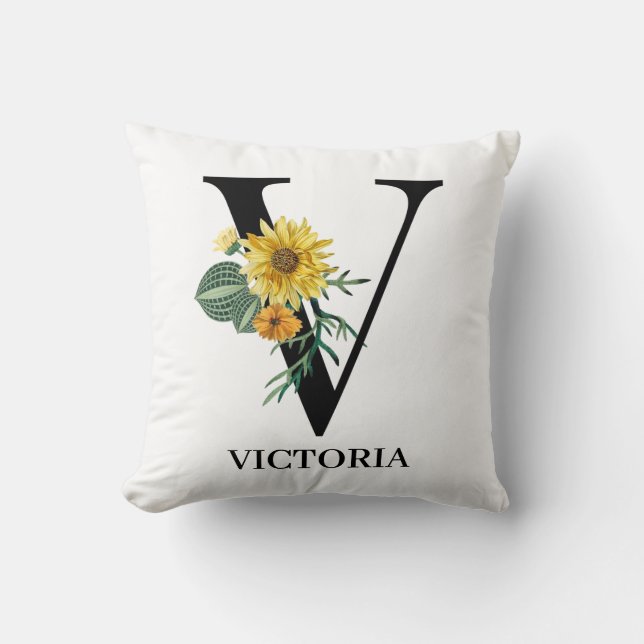 Coussin Alphabet Floral Personnalisé V Monogramme (Recto)