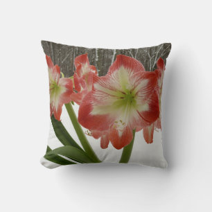 Coussin Amaryllis en Fête Rouge Neige Hiver Floral