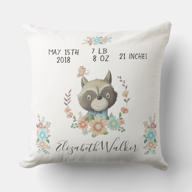 Coussin amis de la forêt joli racoon natalité stats pépini (Recto)