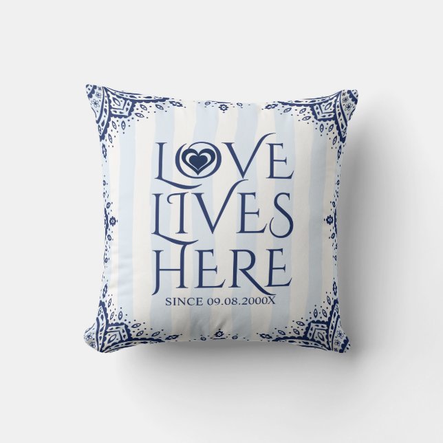 Coussin Amour Vit Ici-Marine Cadre Bleu & Coeur (Recto)