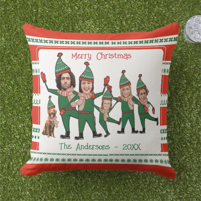 Coussin Amusante famille d'elfes cinq avec chien Red Holid (Herbe)