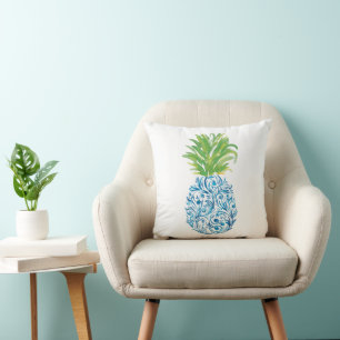 Coussin Ananas Chinoiserie Bleu Blanc Preppy
