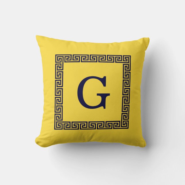 Coussin Ananas, Clé grecque bleue marine #1 Monogramme enc (Recto)