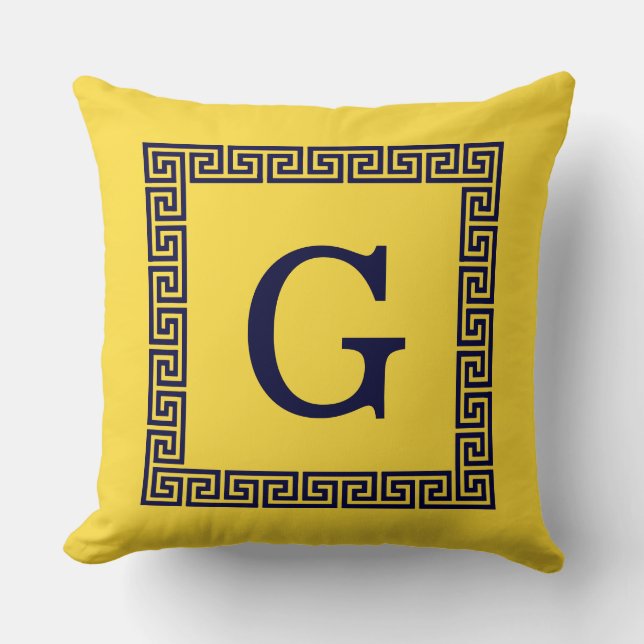 Coussin Ananas, Clé grecque bleue marine #1 Monogramme enc (Recto)