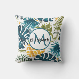 Coussin Ananas doré palmier bleu feuille feuillage monogra
