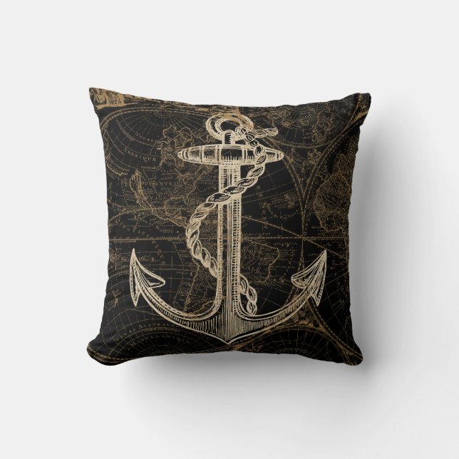 Coussin Ancien Monde Ancre nautique Monogramme Noir (Recto)