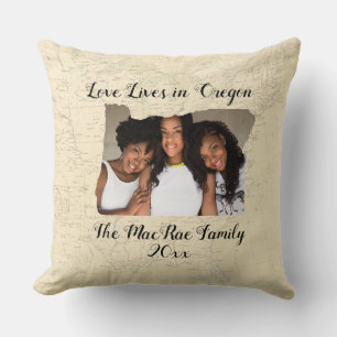 Coussin Ancienne Carte L'Amour Vit Dans L'État De L'Oregon