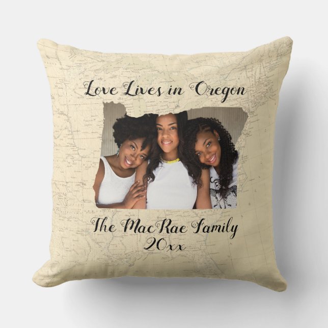 Coussin Ancienne Carte L'Amour Vit Dans L'État De L'Oregon (Recto)