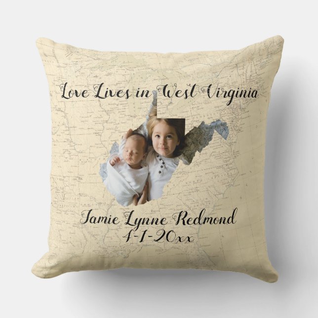 Coussin Ancienne Carte L'Amour Vit En Virginie Occidentale (Recto)