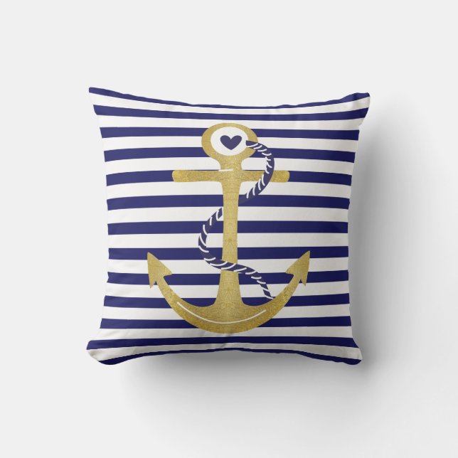 Coussin Ancrage en feuille d'or marine bleu blanc rayures  (Recto)