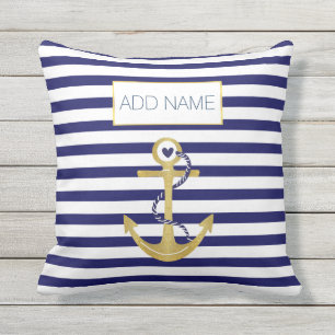 Coussin Ancrage en feuille or rayé motif tendance nautique