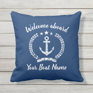 Coussin Ancrage nautique Vintage nom de bateau bleu marine