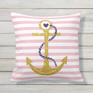 Coussin Ancrage or rose vif, rayures blanches nautiques