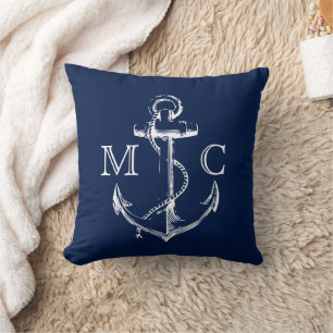 Coussin Ancre blanche nautique de croquis de monogramme de