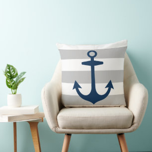 Coussin Ancre Bleue de la Marine Nautique avec Gris