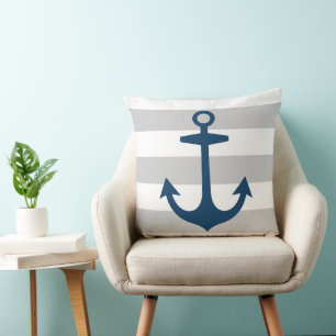 Coussin Ancre Bleue de la Marine Nautique avec Gris
