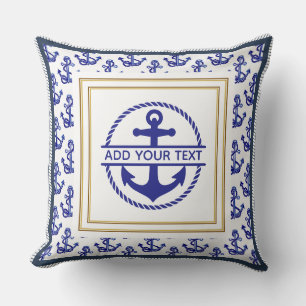 Coussin Ancre Bleue de Marine Naautique Nom Personnalisabl