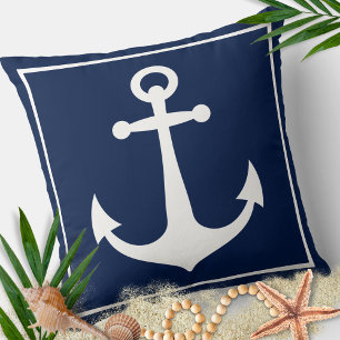 Coussin Ancre bleue et blanche Plage nautique