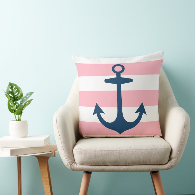 Coussin Ancre Bleue marine avec rayures roses (Chaise)
