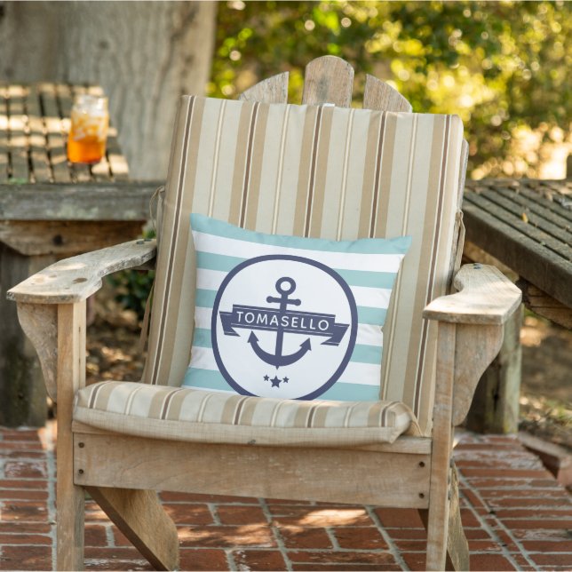 Coussin Ancre bleue marine Nom de famille Aqua Stripes (Chaise)