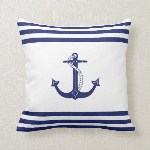 Coussin Ancre bleue marine simple et brèves blanches
