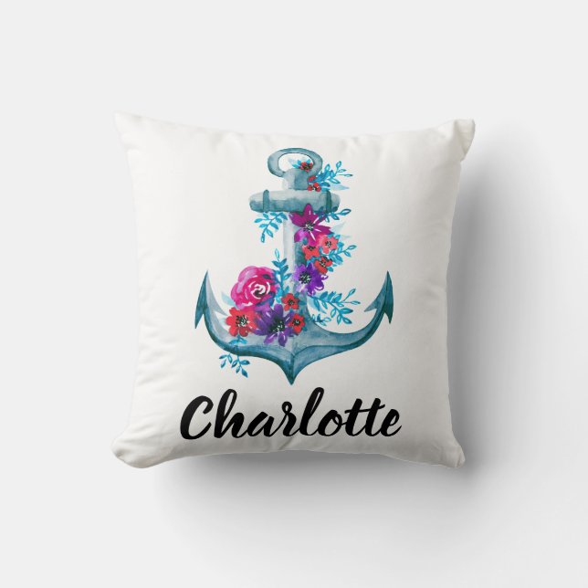Coussin Ancre d'aquarelle florale marine personnalisée (Recto)