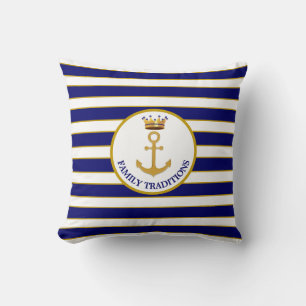 Coussin Ancre de famille & Couronne sur fond rayé bleu mar