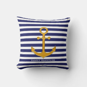 Coussin Ancre dorée nautique sur rayures bleues et blanche