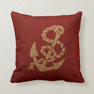 Coussin Ancre et corde nautiques en rouge rustique