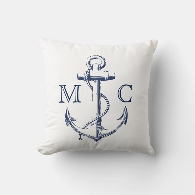 Coussin Ancre Monogram Marine nautique + Croquis blanc | (Recto)