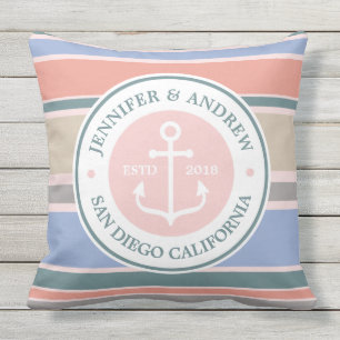 Coussin Ancre Monogram Trendy Stripes Rose Nautical Plage