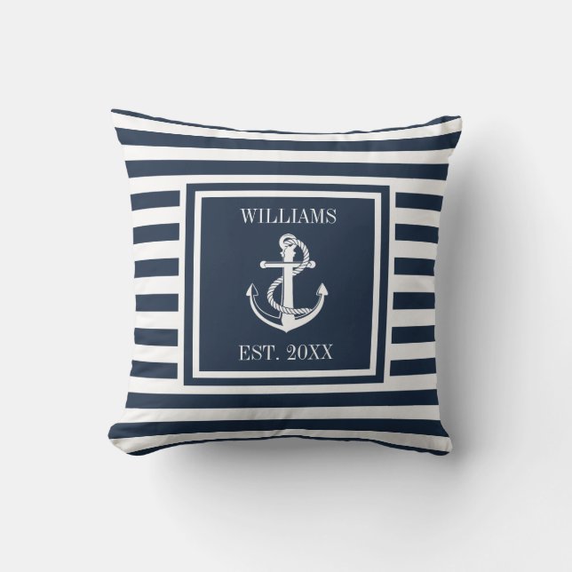 Coussin Ancre nautique à rayures bleu marine Personnalisée (Recto)