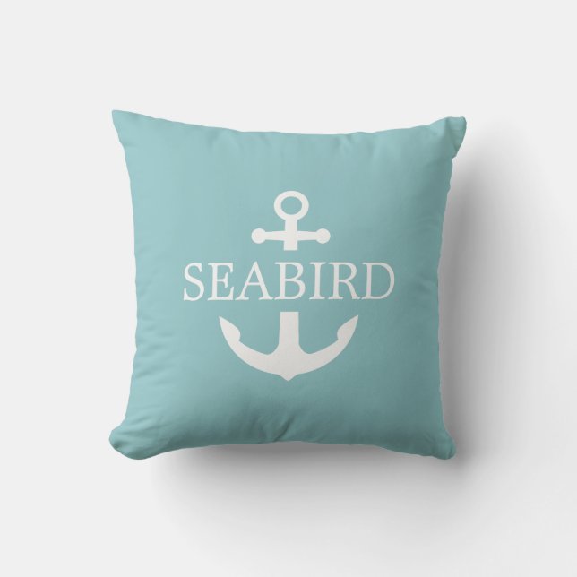 Coussin Ancre nautique Blanc & Aqua. Nom du bateau personn (Recto)