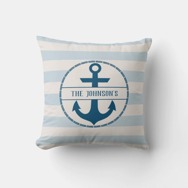 Coussin Ancre nautique Bleu Blanc Personnalisé (Recto)
