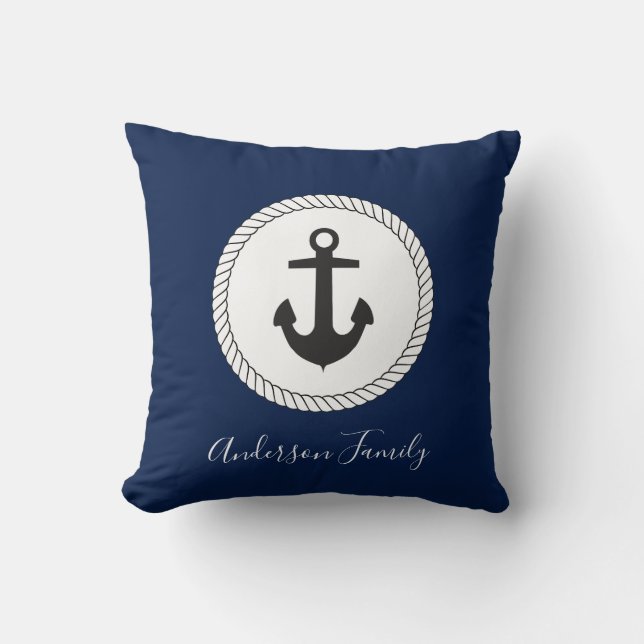 Coussin Ancre nautique Calligraphie Nom de famille (Recto)